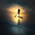 Sup board surfer, amazing sunset over sea or large lake. Paddle board, tiny man figure, silhouette. AI generative illustration Royalty Free Stock Photo