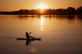 Sup boarding woman silhouette holding oar in hands on nice looking lake with gorgeous sunset in background covering