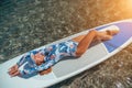 SUP Stand up paddle board. Young woman sailing on beautiful calm sea with crystal clear water. The concept of an summer Royalty Free Stock Photo