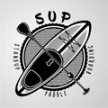 SUP. Standup padle boarding vector sign. Vintage icon on isolated backround. Surf board and paddle.