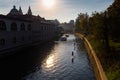 Sup surfers Ljubljana city river, Slovenia Royalty Free Stock Photo