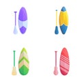 Sup surfing icons set cartoon vector. Various inflatable sup board with paddle