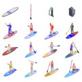 Sup surfing icons set, isometric style