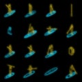 Sup surfing icons set vector neon
