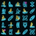 Sup surfing icons set vector neon