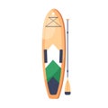 SUP water board with paddle. Standup paddleboarding, summer beach sport activity. Long stand-up surfboard with rounded