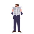 Super agent undercover flat cartoon character reading newspaper and spying on suspect criminal Royalty Free Stock Photo