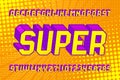 Super alphabet font. 3D effect letters and numbers in retro comic style. Halftone background.