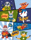 Super animal baby comic page template. Animals superheroes in cape and mask graphic poster. Children hero classy vector
