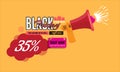 Super black friday sale concept design with vintage ribbon and megaphone and shopping bag. Vector illustration. Royalty Free Stock Photo