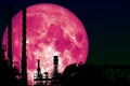 super blood moon back on silhouette refinery oil industry night sky Royalty Free Stock Photo