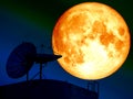 super blood moon and silhouette satellite dish bird Royalty Free Stock Photo