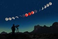 Super blue blood moon eclipse sequence and man with telescope Royalty Free Stock Photo