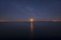 Super Blue Blood Moon Rising Above A Long Bridge Royalty Free Stock Photo