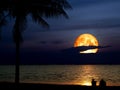 Super blue blood moon silhouette coconut two men look the moon Royalty Free Stock Photo