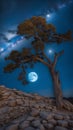 Super blue moon in the milky way casting over the land illustration Artificial Intelligence artwork generated Royalty Free Stock Photo