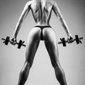 Super body. Sporty female athlete doing fitness workout. Beautiful slim woman`s body. Muscular female body.