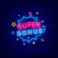 Super bonus neon signboard. Comics explosion. Casino and winning concept. Vector stock illustration
