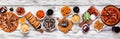 Super Bowl or football theme food table scene banner, top down view on  white wood Royalty Free Stock Photo