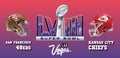 Super Bowl LVIII logo and helmets of the finalist teams San Francisco 49ers and Kansas City Chiefs