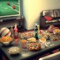 Super bowl party, food on table by TV, Royalty Free Stock Photo