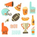 Super bowl party vector icon set. Sport games celebration icons. American football vintage retro style. Helmet, award, cup, trophy Royalty Free Stock Photo