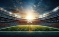 Super bowl poster. American football stadium background for sport event banner at golden hour with backlight. Rugby championship Royalty Free Stock Photo
