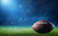 Super bowl poster. Banner with American football isolated on dark green and blue background. Rugby ball on the stadium field grass Royalty Free Stock Photo