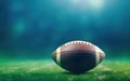 Super bowl poster. Banner with American football isolated on dark green and blue background with soft light. Rugby ball Royalty Free Stock Photo