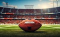 Super bowl poster. Photorealistic American football on stadium background full of people in the day game time Royalty Free Stock Photo