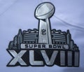 Super Bowl XLVIII logo on Seattle Seahawks team uniform presented during Super Bowl XLVIII week in Manhattan Royalty Free Stock Photo