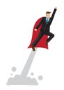 Super business man flying into the sky. Business concept of success, power and overcoming of difficulties