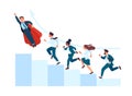 Super business team. Superhero leads colleagues. Office teamwork. Flying hero and workers running up stairs. Businessman