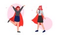 Super Business Woman Character in Red Cape Speaking by Phone and Jumping Vector Set