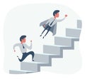 Super businessman in cape flying pass another businessman climbing stairs. Business competition concept.