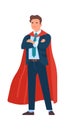 Super businessman character. Men strong hero standing in costume, business people mascot, male leader in fluttering cape Royalty Free Stock Photo
