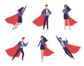 Super businessman characters. Business man and woman in different heroic poses, brave people, flying heroes in flowing