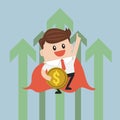 Super businessman flying with growth graph.