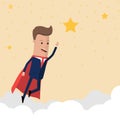 Super businessman flying high to reach star of success in the sky. Vector illustration Royalty Free Stock Photo