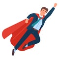 Super businessman pose. Professional office manager character in hero costume with red cloak. Man flying to success