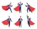 Super businessman poses. Cartoon comic hero brave male character, adult strong man in office suit with red flowing cape Royalty Free Stock Photo