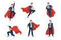 Super businessman poses. Professional superhero office manager character in costume and fluttering cape, vector set of spectacular Royalty Free Stock Photo