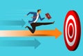 Super businessman running and archery target breaking successful. Business superhero running on arrows to goals, business ideas Royalty Free Stock Photo