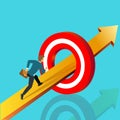 Super businessman running and archery target breaking successful. Business superhero running on arrows to goals, goals, goals, Royalty Free Stock Photo