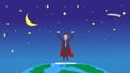 Super businessman in space over planet earth. Stars in universe and happy winner business man with raised hands up. Vector flat