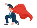 Super businessman. Strong hero man in epic pose, business people mascot, male leader in suit and red fluttering cape Royalty Free Stock Photo