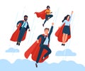 Super businessman team. Flying office employees team, hero poses and red capes, corporate interaction, successful work