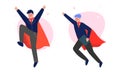 Super Businesspeople Character in Red Cape Jumping and Flying Vector Set