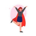 Super Businesswoman in Red Cape Walking with Rising Hands, Successful Superhero Business Character, Leadership