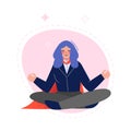 Super Businesswoman Wearing Red Cape Meditating in Lotus Position, Successful Superhero Business Character, Leadership